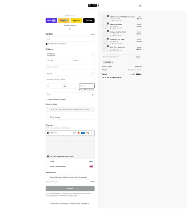 Aurate New York checkout page showing Aurate New York promo code box | Screenshot taken by SimplyCodes community member on Aug 26, 2025