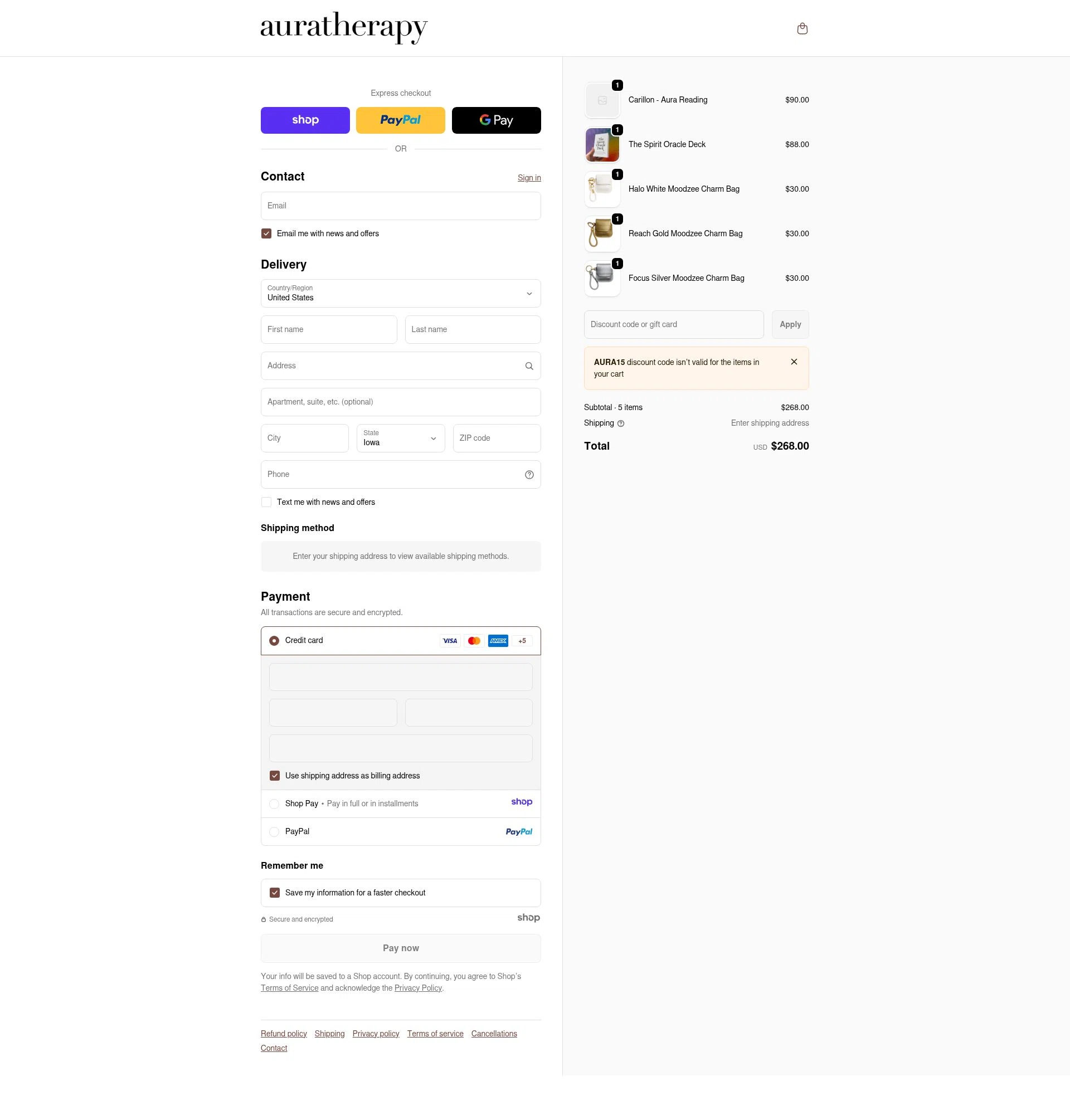 Auratherapy checkout page showing Auratherapy promo code box | Screenshot taken by SimplyCodes community member on Jan 4, 2026