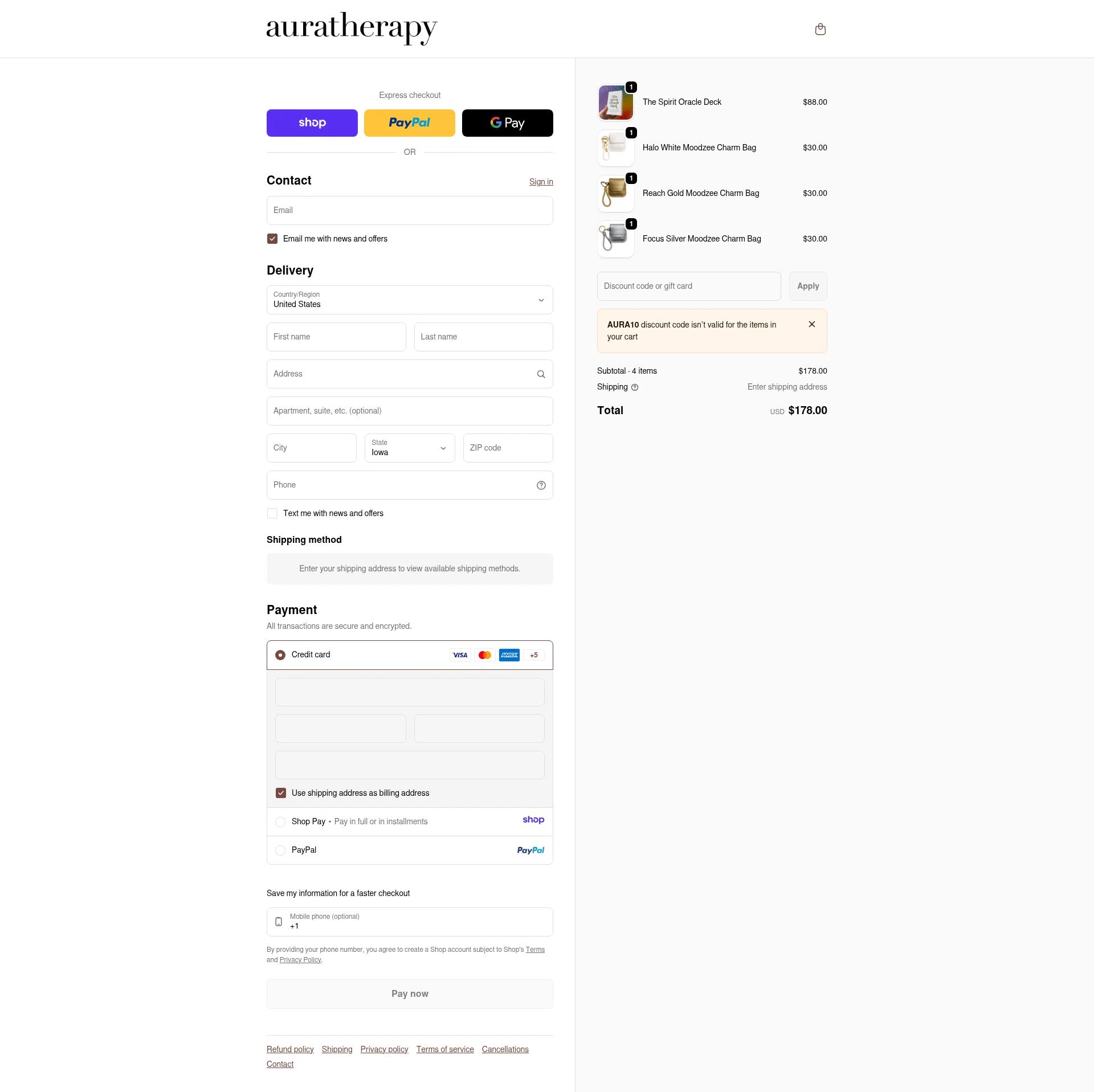 Auratherapy checkout page showing Auratherapy promo code box | Screenshot taken by SimplyCodes community member on Jan 9, 2026
