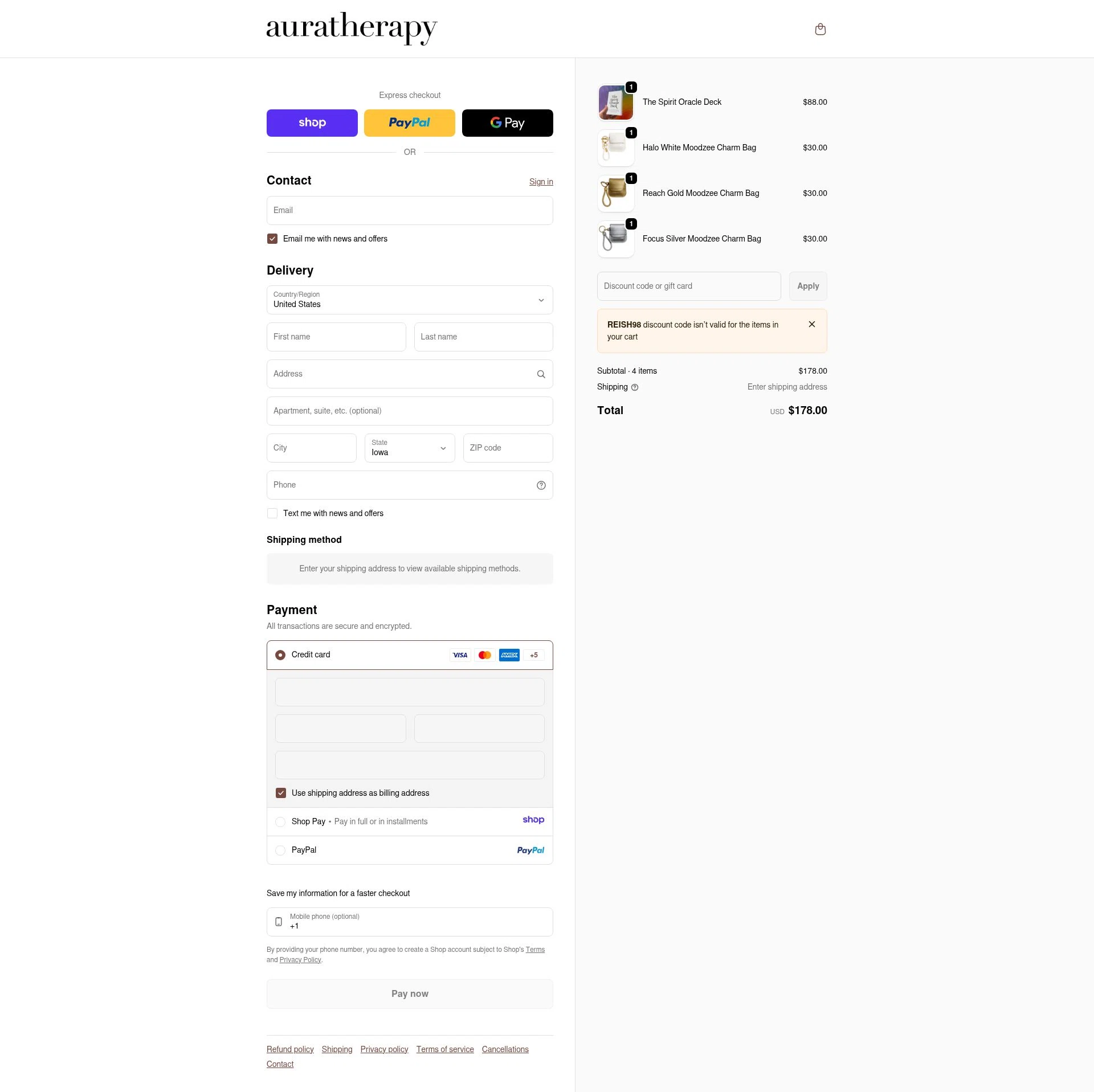 Auratherapy checkout page showing Auratherapy promo code box | Screenshot taken by SimplyCodes community member on Jan 9, 2026