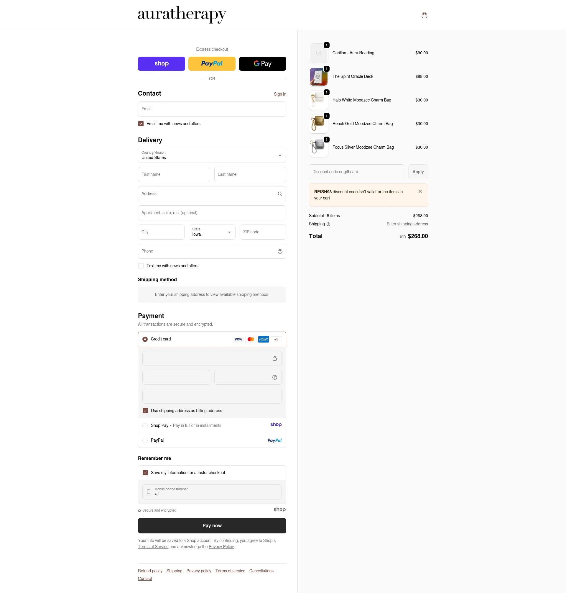 Auratherapy checkout page showing Auratherapy promo code box | Screenshot taken by SimplyCodes community member on Jan 4, 2026