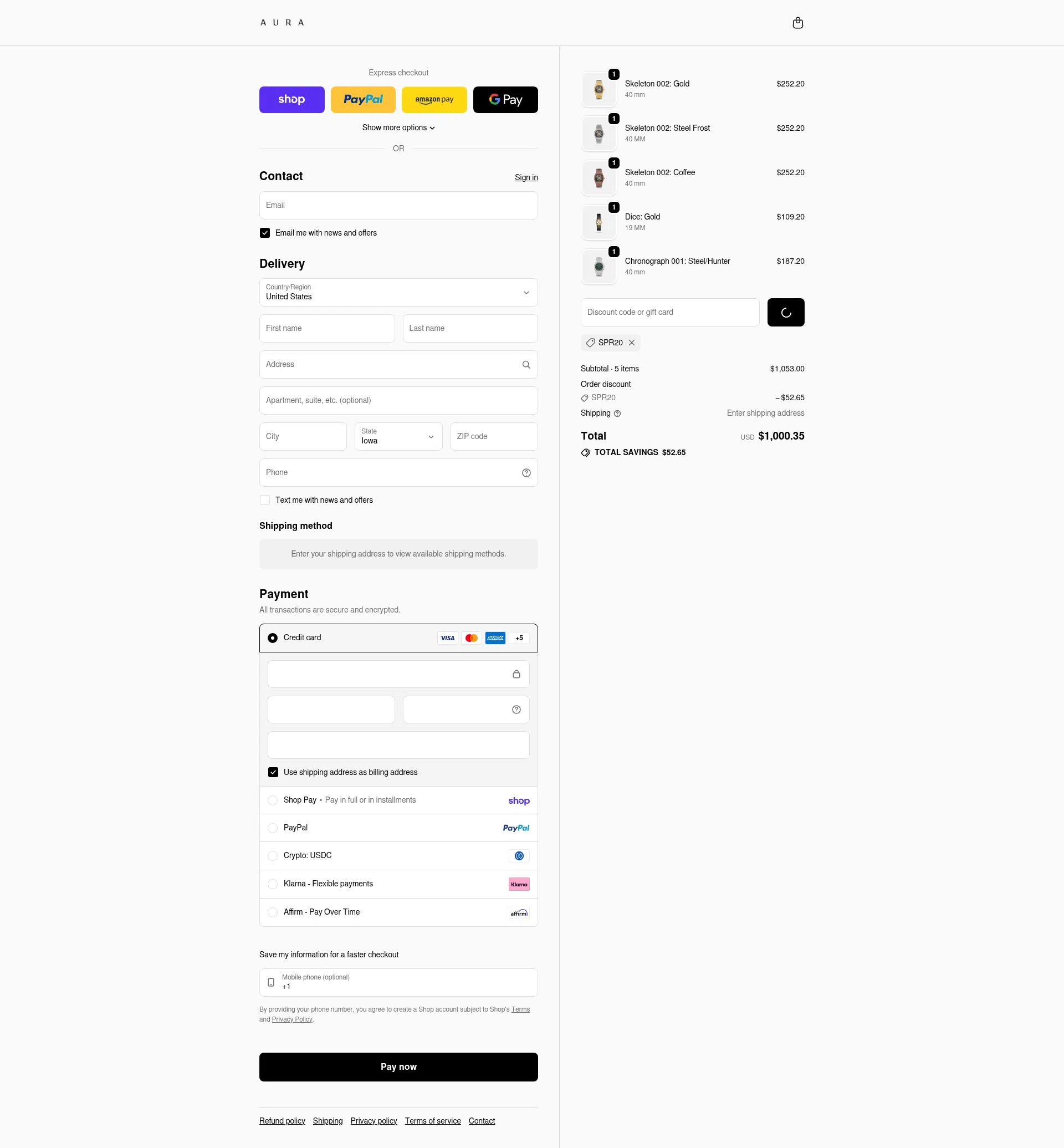AURA Watches checkout page showing AURA Watches discount code box | Screenshot taken by SimplyCodes community member on Feb 10, 2026