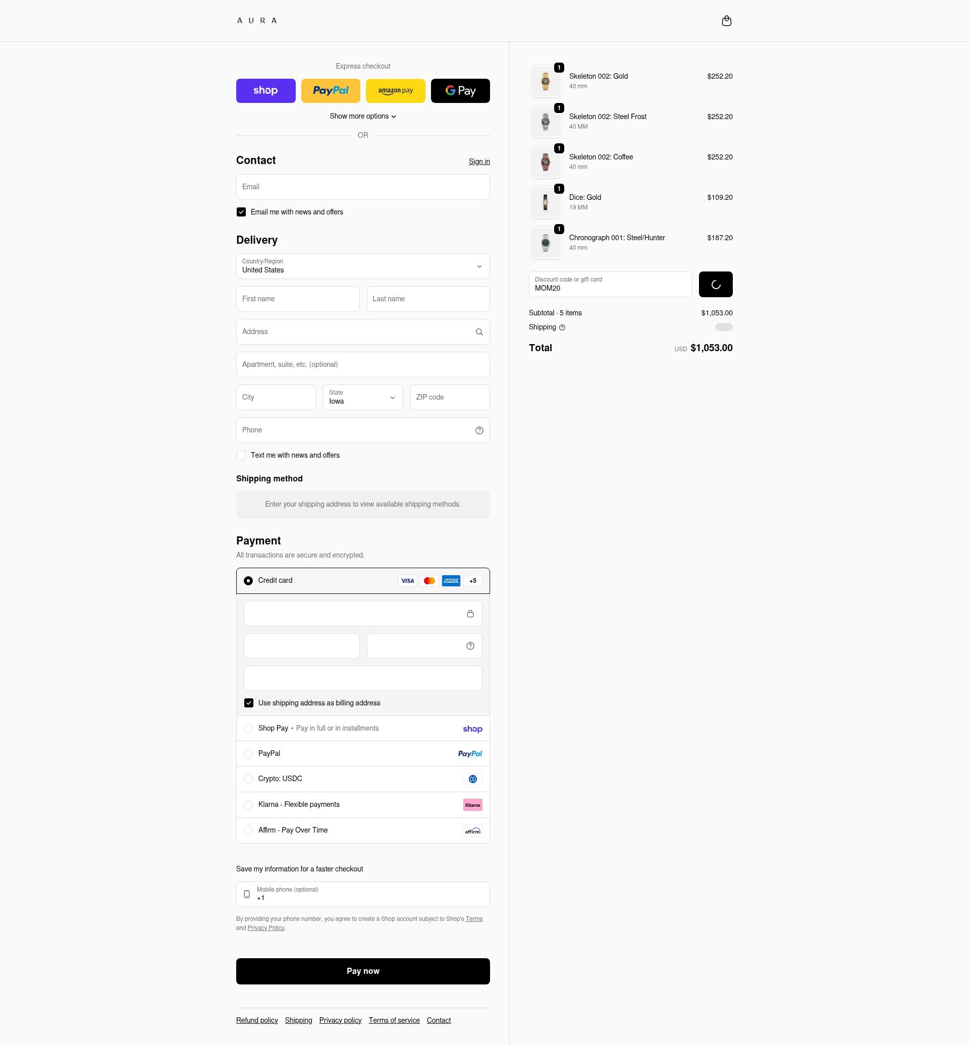 AURA Watches checkout page showing AURA Watches discount code box | Screenshot taken by SimplyCodes community member on Feb 10, 2026