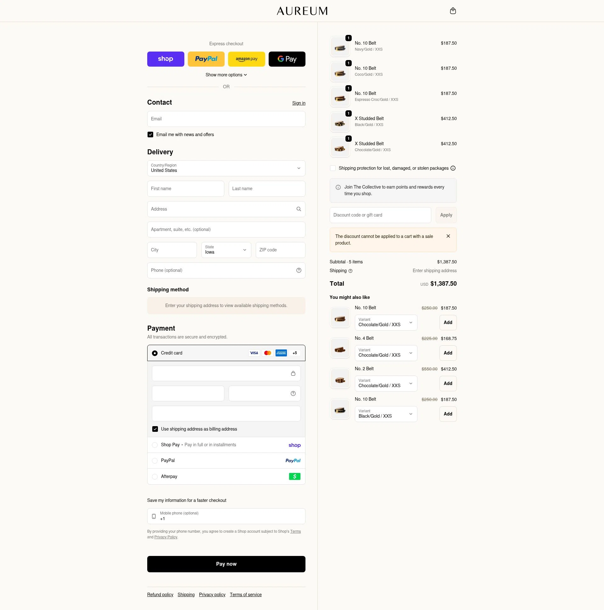 Aureum checkout page showing Aureum discount code box | Screenshot taken by SimplyCodes community member on Feb 15, 2026