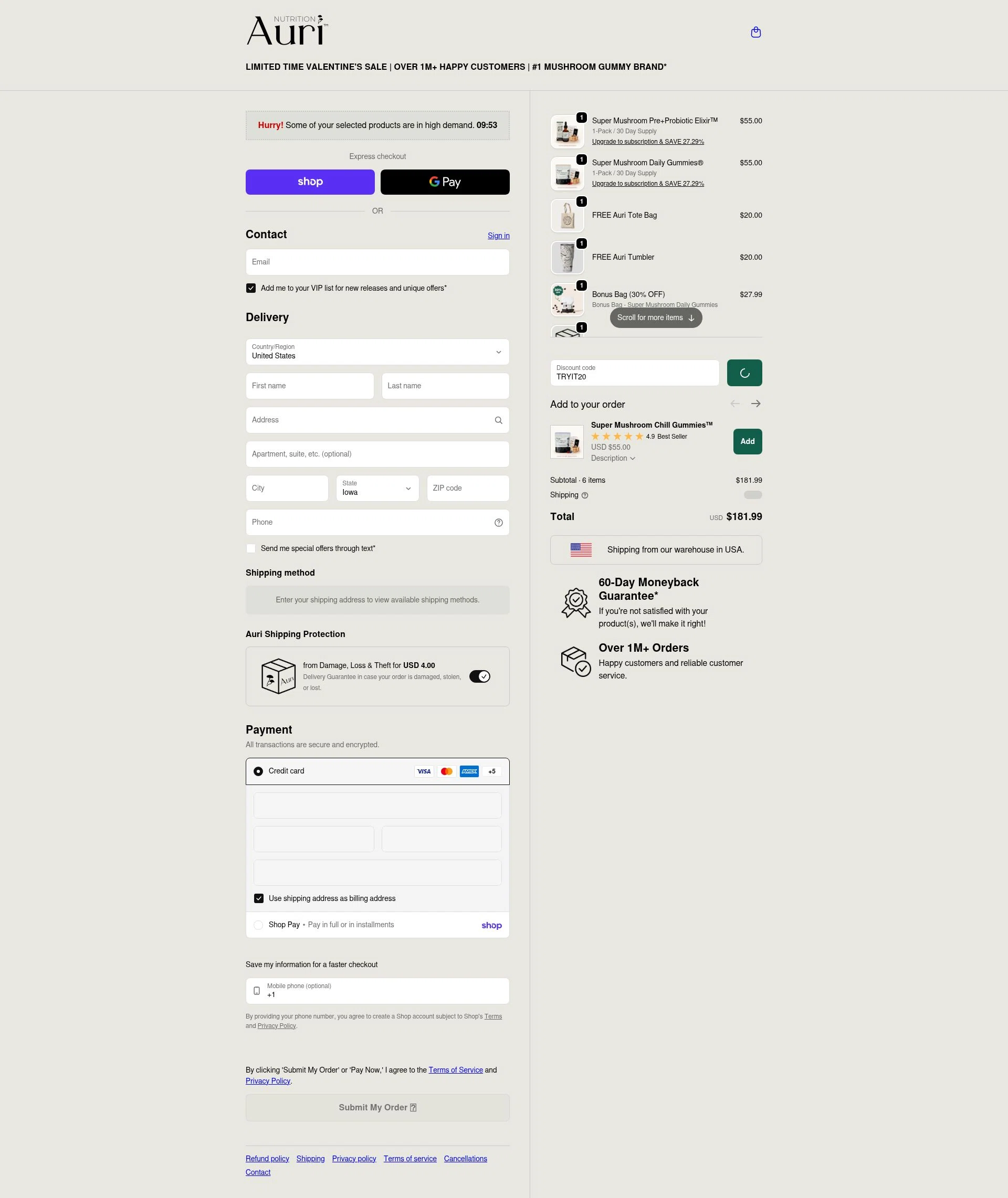 Auri Nutrition checkout page showing Auri Nutrition coupon code box | Screenshot taken by SimplyCodes community member on Feb 12, 2026