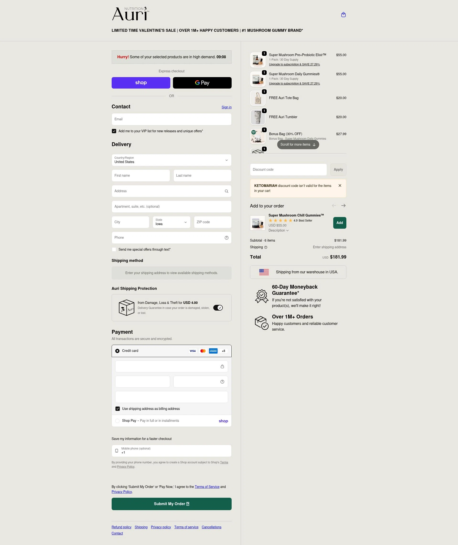 Auri Nutrition checkout page showing Auri Nutrition coupon code box | Screenshot taken by SimplyCodes community member on Feb 12, 2026