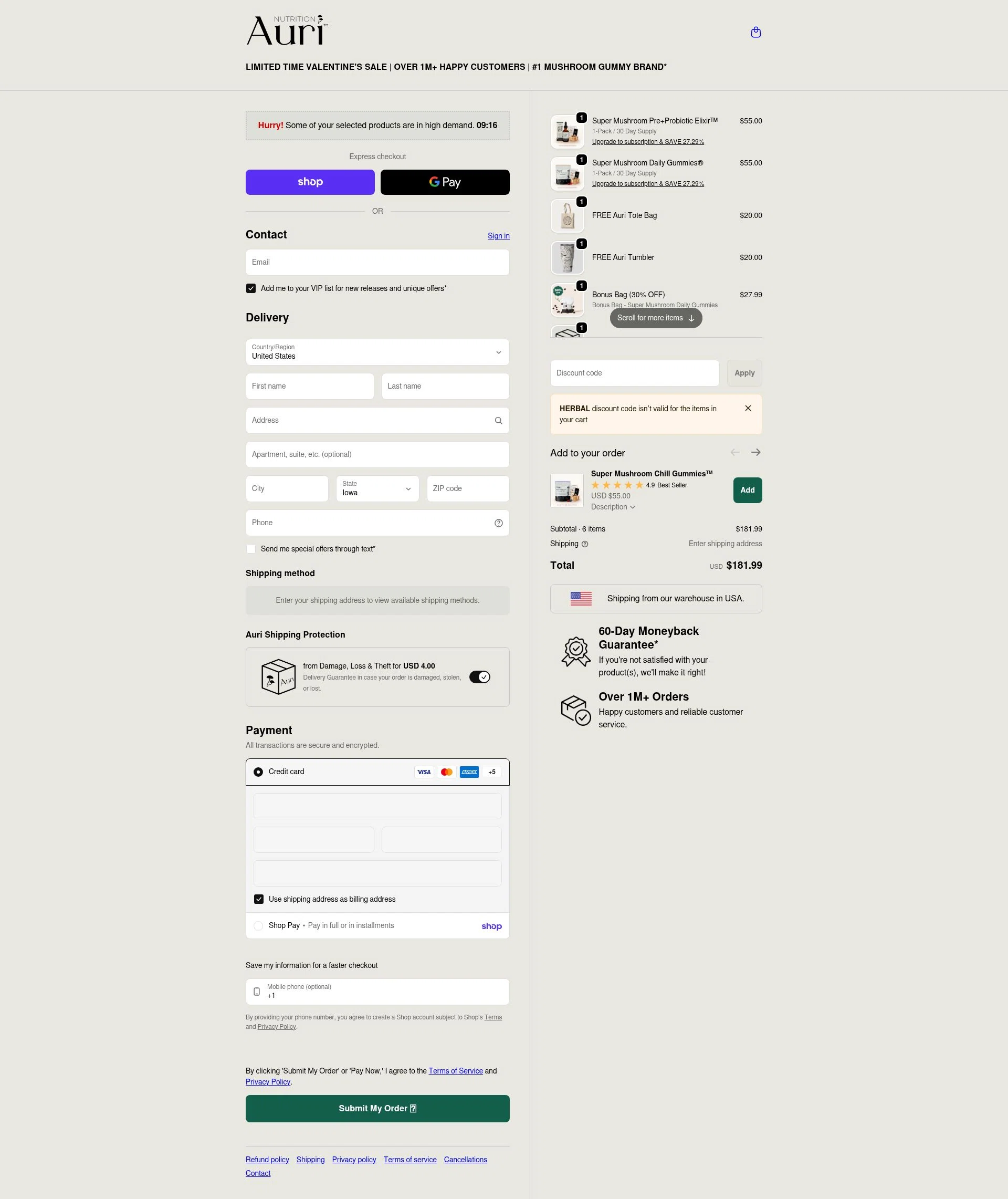 Auri Nutrition checkout page showing Auri Nutrition coupon code box | Screenshot taken by SimplyCodes community member on Feb 12, 2026