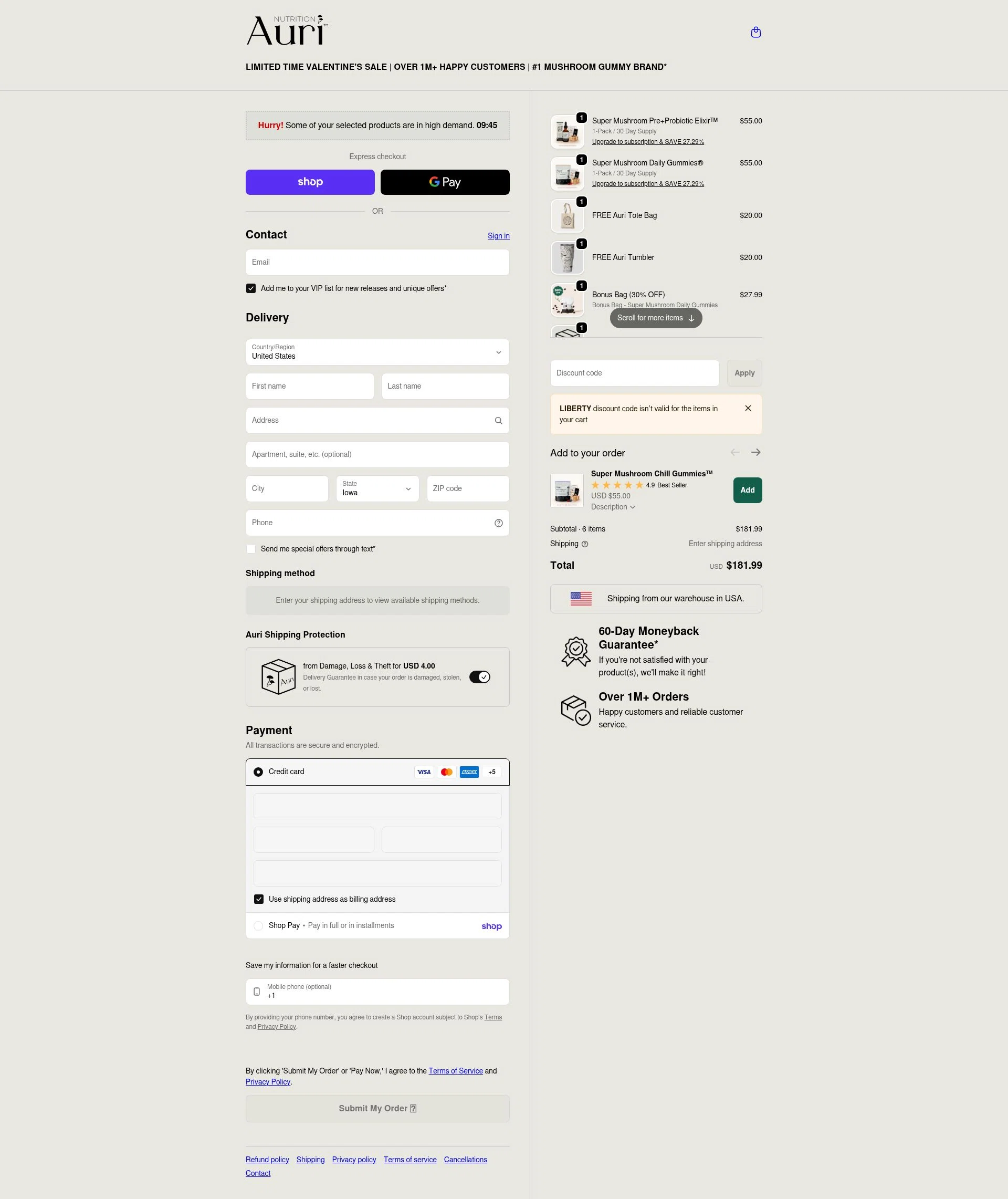 Auri Nutrition checkout page showing Auri Nutrition coupon code box | Screenshot taken by SimplyCodes community member on Feb 12, 2026