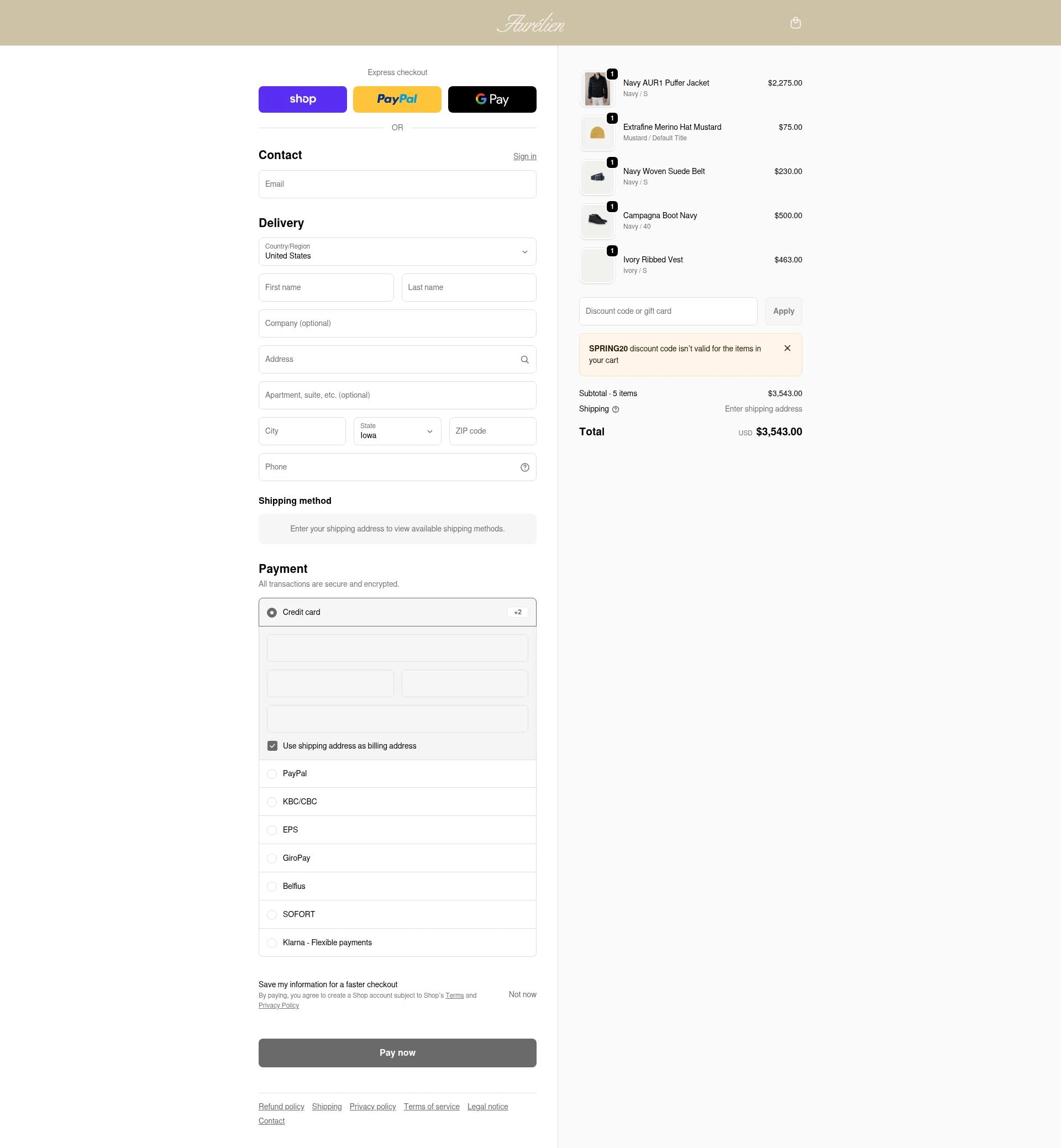 Aurélien checkout page showing Aurélien promo code box | Screenshot taken by SimplyCodes community member on Feb 15, 2026