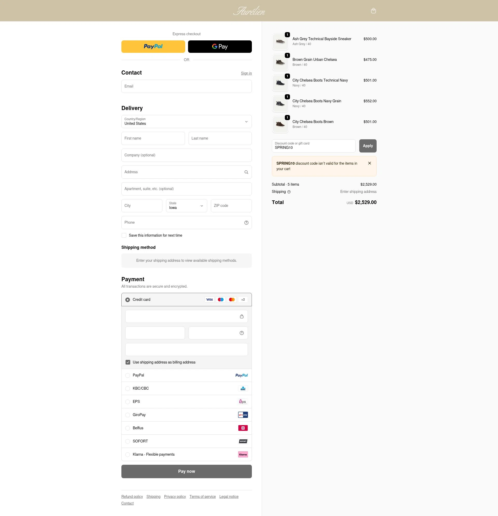 Aurélien checkout page showing Aurélien promo code box | Screenshot taken by SimplyCodes community member on Nov 18, 2025