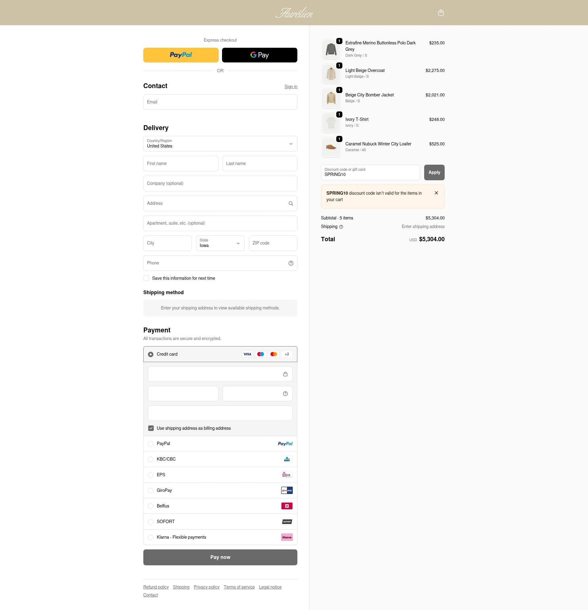 Aurélien checkout page showing Aurélien promo code box | Screenshot taken by SimplyCodes community member on Nov 13, 2025