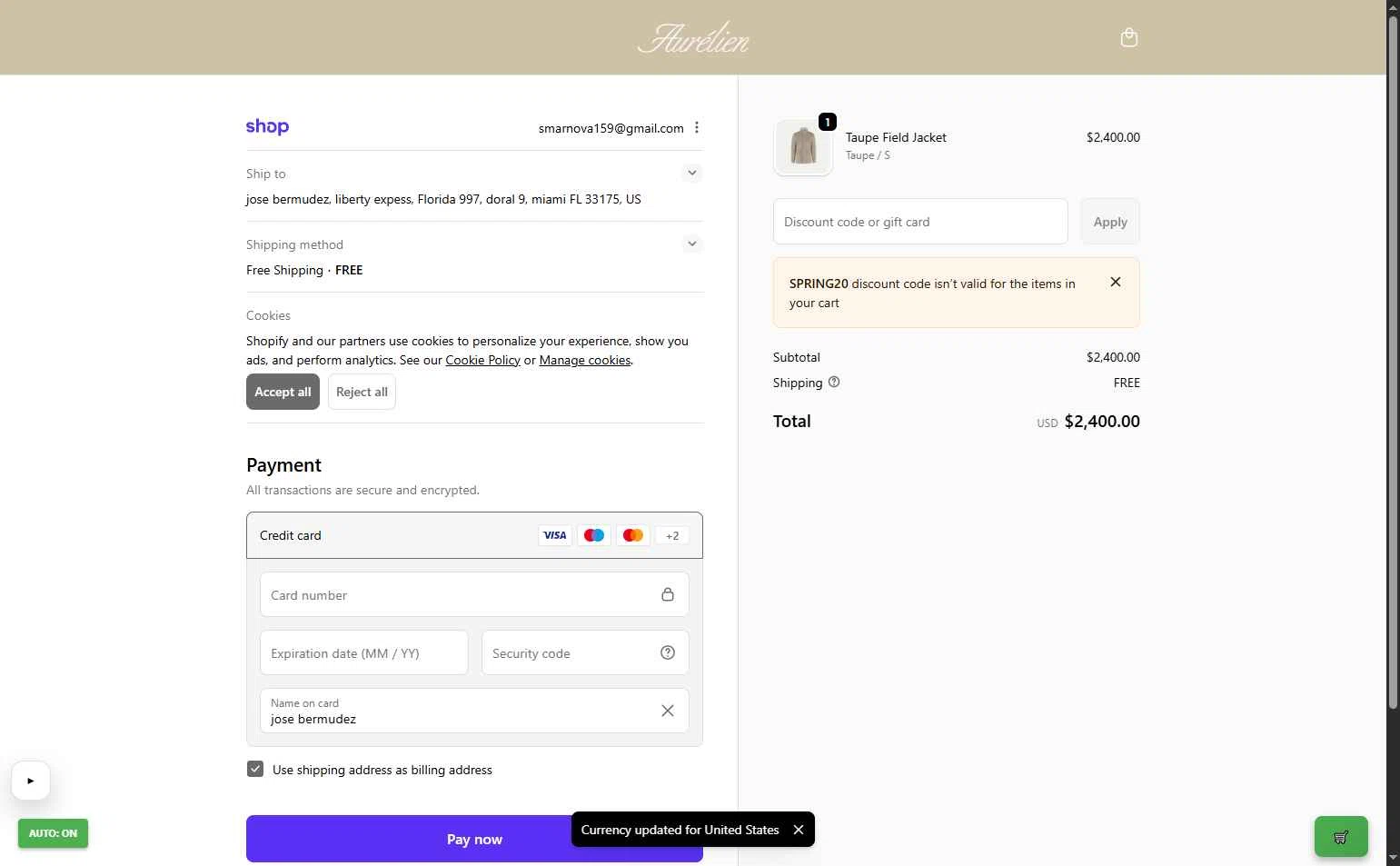 Aurélien checkout page showing Aurélien promo code box | Screenshot taken by SimplyCodes community member on Feb 15, 2026