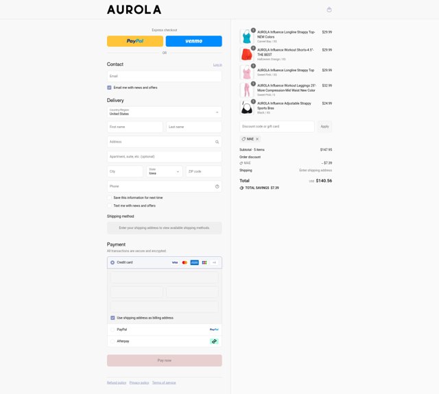 AUROLA checkout page showing AUROLA discount code box | Screenshot taken by SimplyCodes community member on Sep 4, 2025