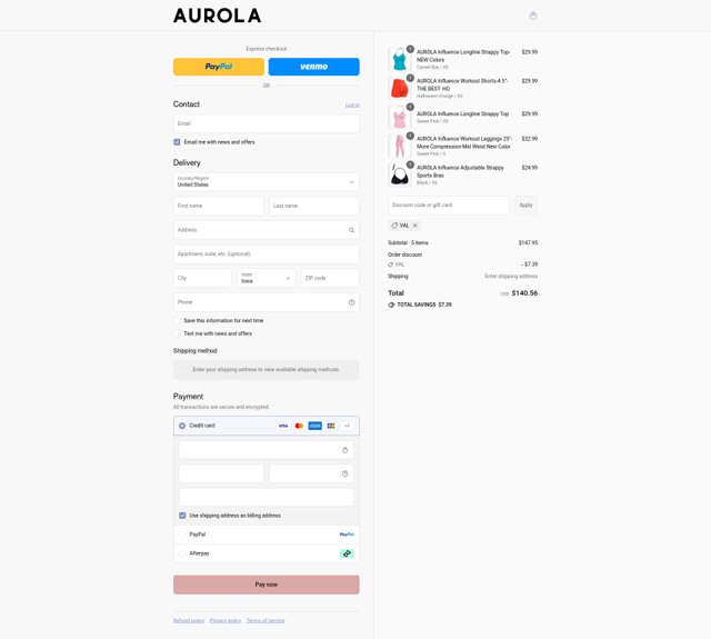 AUROLA checkout page showing AUROLA discount code box | Screenshot taken by SimplyCodes community member on Aug 27, 2025