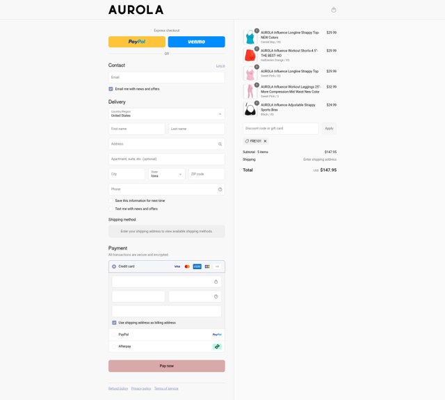 AUROLA checkout page showing AUROLA discount code box | Screenshot taken by SimplyCodes community member on Aug 27, 2025