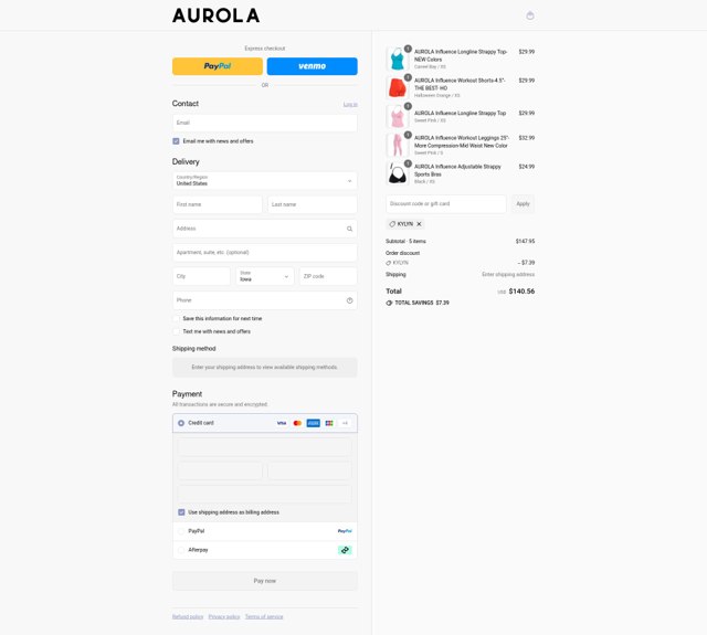 AUROLA checkout page showing AUROLA discount code box | Screenshot taken by SimplyCodes community member on Aug 27, 2025