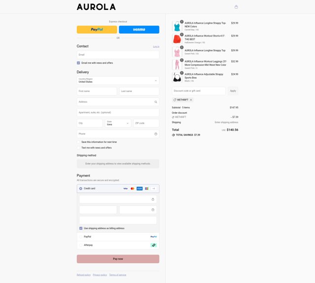 AUROLA checkout page showing AUROLA discount code box | Screenshot taken by SimplyCodes community member on Sep 4, 2025