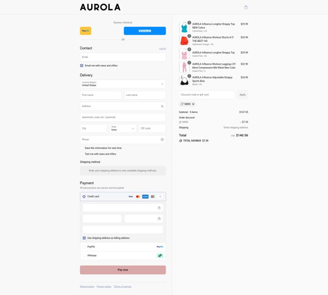 AUROLA checkout page showing AUROLA discount code box | Screenshot taken by SimplyCodes community member on Aug 27, 2025