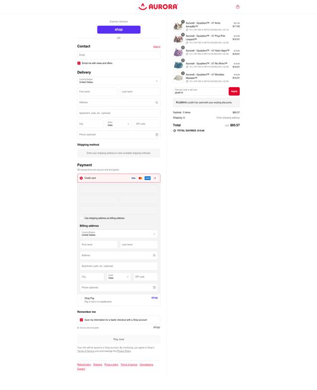Aurora World checkout page showing Aurora World discount code box | Screenshot taken by SimplyCodes community member on Sep 9, 2025