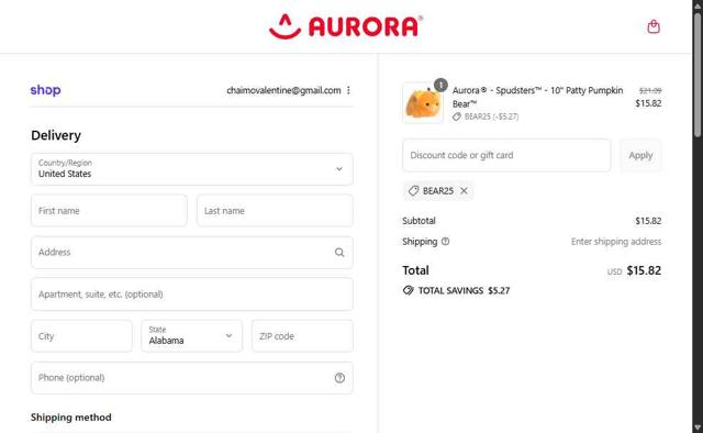 Aurora World checkout page showing Aurora World discount code box | Screenshot taken by SimplyCodes community member on Sep 9, 2025