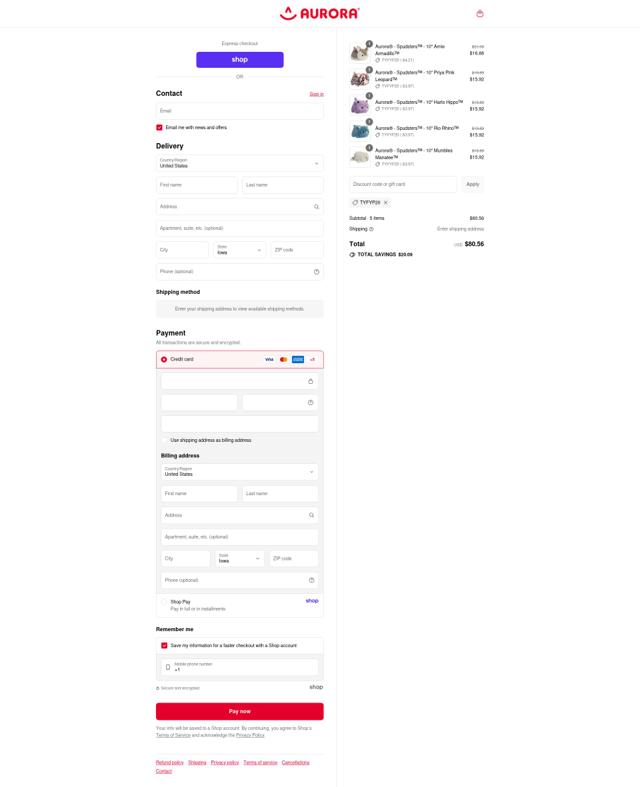 Aurora World checkout page showing Aurora World discount code box | Screenshot taken by SimplyCodes community member on Sep 10, 2025