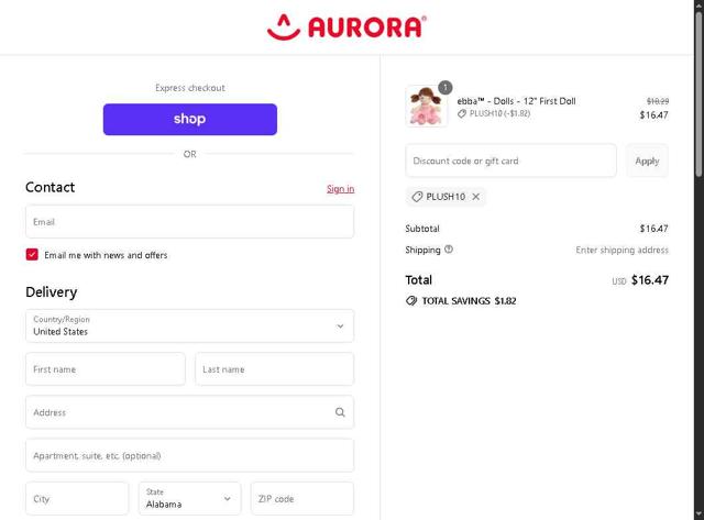 Aurora World checkout page showing Aurora World discount code box | Screenshot taken by SimplyCodes community member on Sep 14, 2025