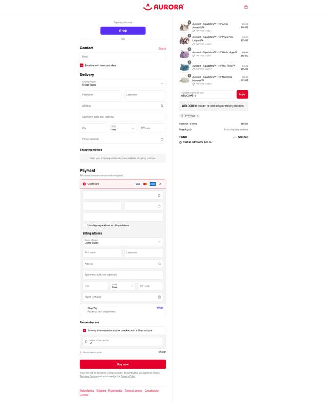 Aurora World checkout page showing Aurora World discount code box | Screenshot taken by SimplyCodes community member on Sep 10, 2025