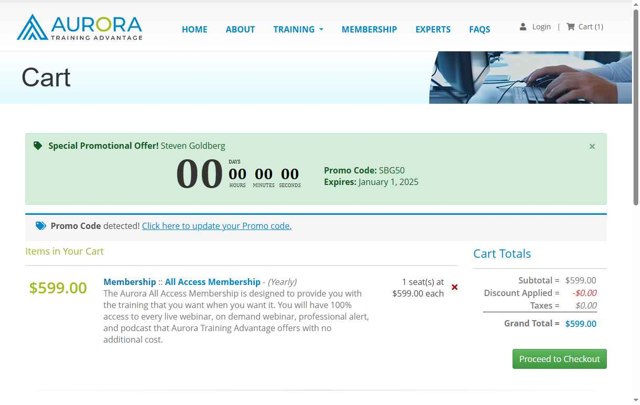 Aurora Training Advantage checkout page showing Aurora Training Advantage promo code box | Screenshot taken by SimplyCodes community member on Sep 1, 2025