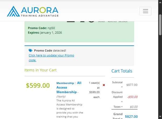 Aurora Training Advantage checkout page showing Aurora Training Advantage promo code box | Screenshot taken by SimplyCodes community member on May 5, 2025