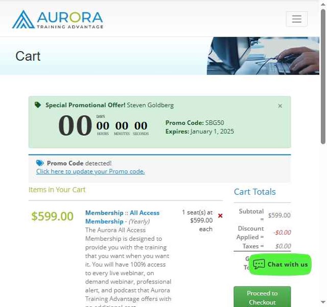 Aurora Training Advantage checkout page showing Aurora Training Advantage promo code box | Screenshot taken by SimplyCodes community member on Jul 10, 2025