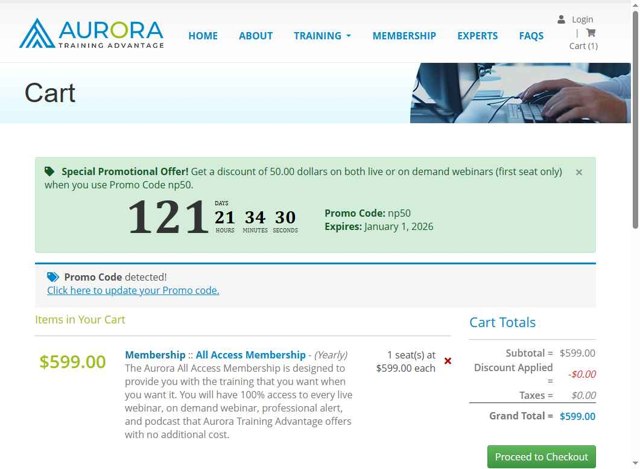Aurora Training Advantage checkout page showing Aurora Training Advantage promo code box | Screenshot taken by SimplyCodes community member on Sep 1, 2025
