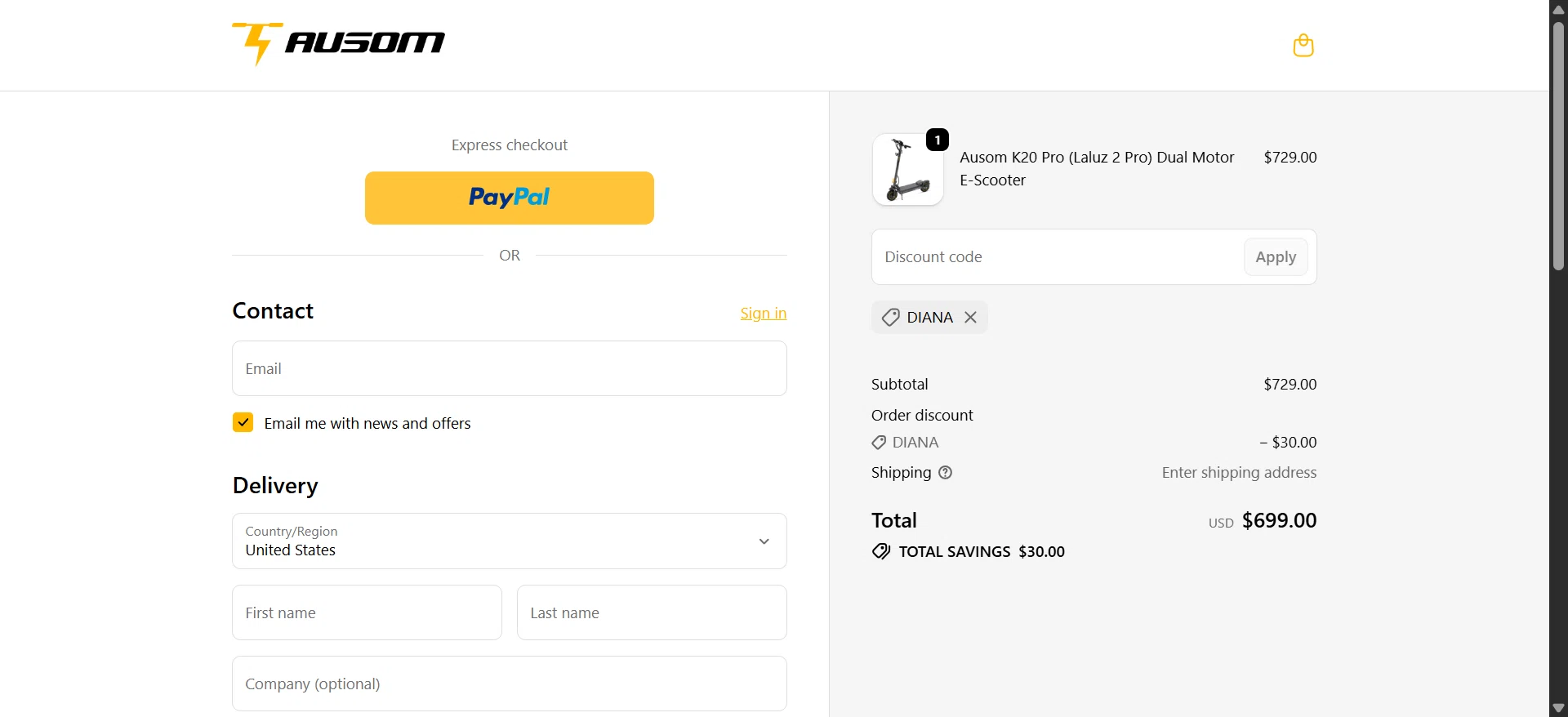 Ausom promo code screenshot showing code DIANA applied at Ausom checkout page. Uploaded by SimplyCodes community member RoyalSentinel2183 on Jun 7, 2026