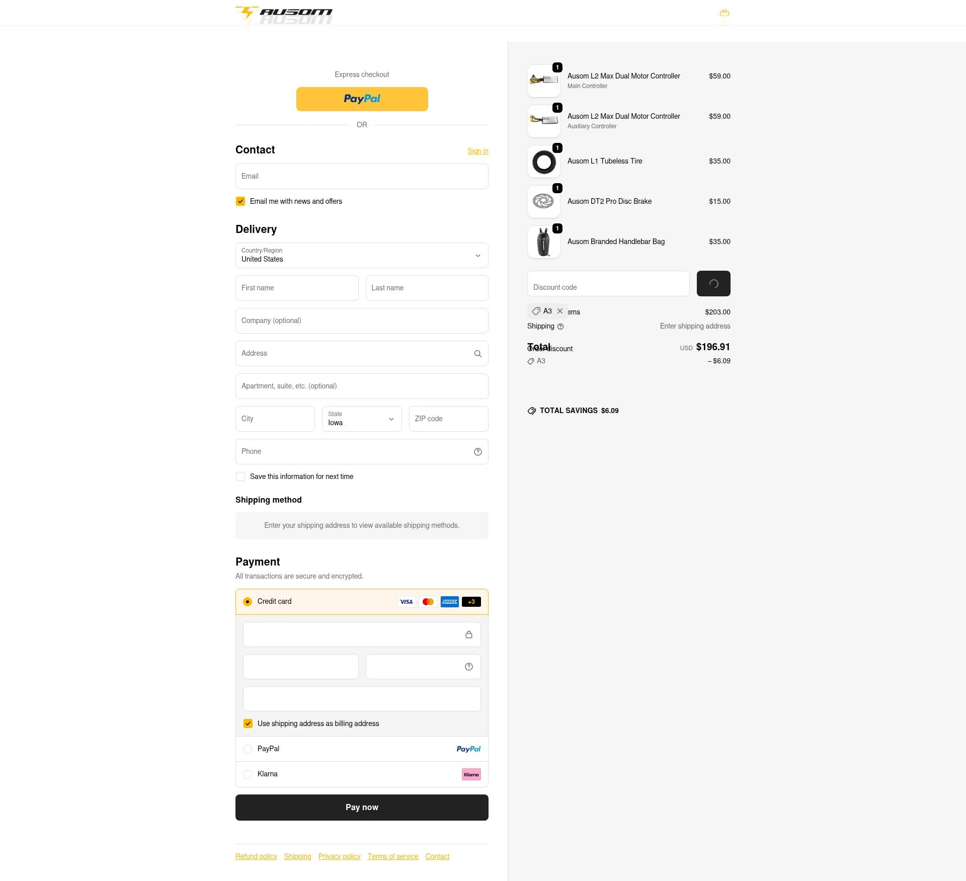Ausom checkout page showing Ausom discount code box | Screenshot taken by SimplyCodes community member on Jan 10, 2026