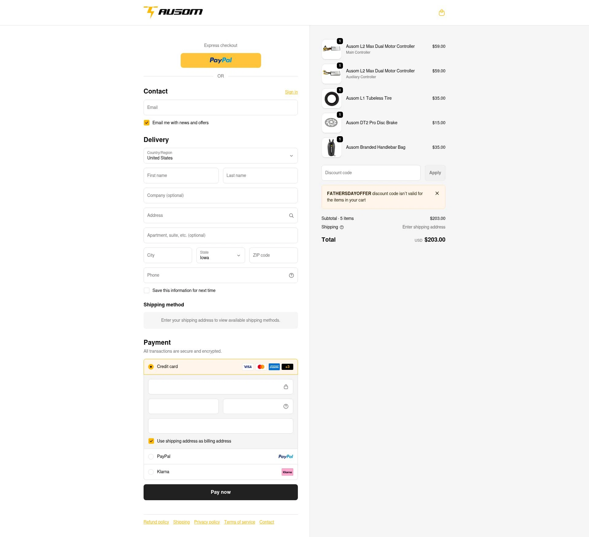 Ausom checkout page showing Ausom discount code box | Screenshot taken by SimplyCodes community member on Jan 10, 2026