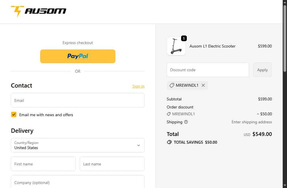 Ausom checkout page showing Ausom discount code box | Screenshot taken by SimplyCodes community member on Jan 11, 2026