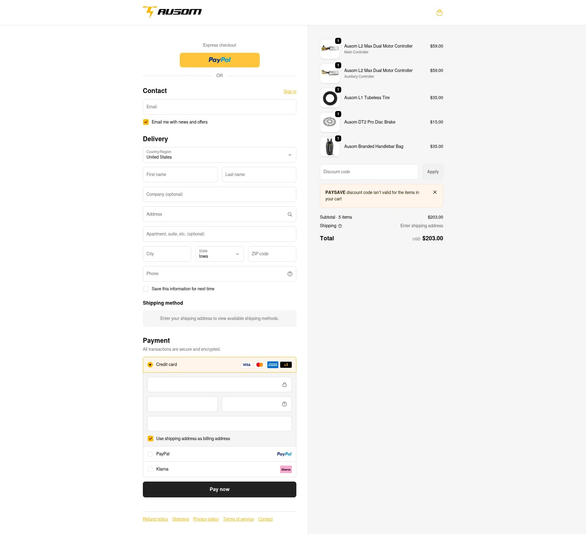 Ausom checkout page showing Ausom discount code box | Screenshot taken by SimplyCodes community member on Jan 10, 2026