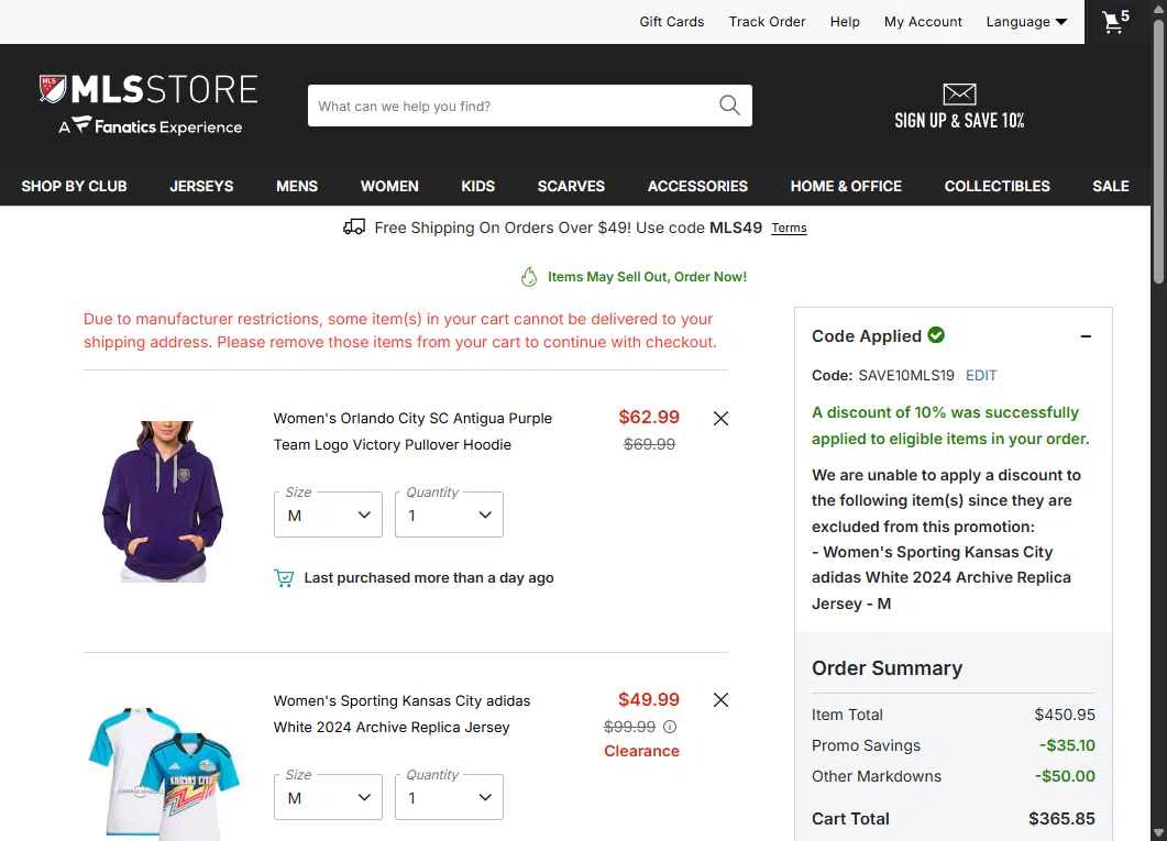 Austin FC checkout page showing Austin FC promo code box | Screenshot taken by SimplyCodes community member on Feb 1, 2026