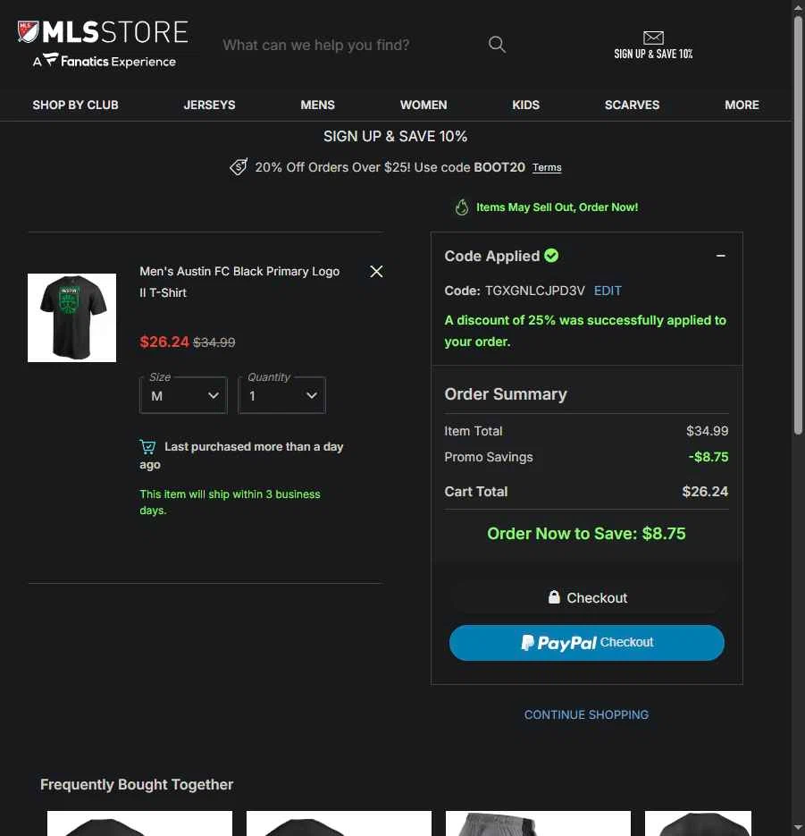 Austin FC checkout page showing Austin FC promo code box | Screenshot taken by SimplyCodes community member on Jan 16, 2026