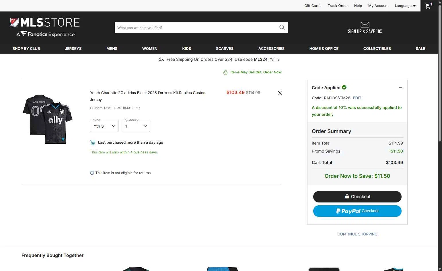 Austin FC checkout page showing Austin FC promo code box | Screenshot taken by SimplyCodes community member on Feb 10, 2026