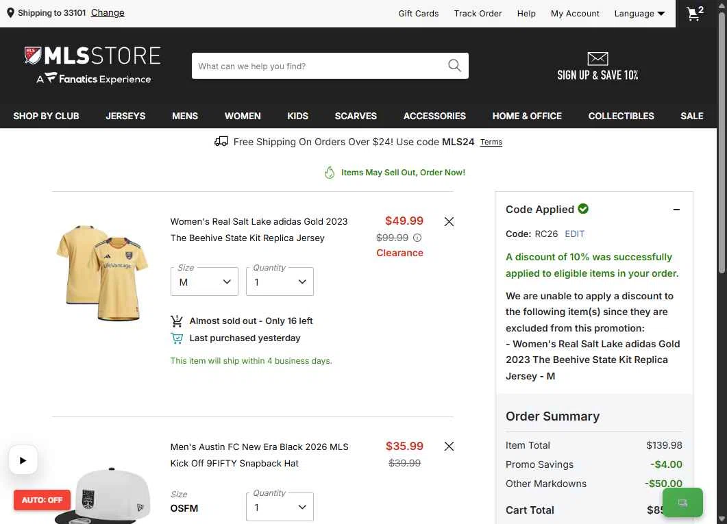 Austin FC checkout page showing Austin FC promo code box | Screenshot taken by SimplyCodes community member on Feb 6, 2026