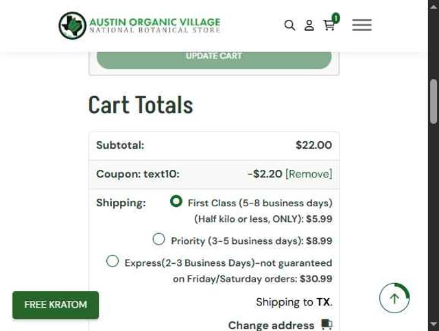 Austin Organic Village checkout page showing Austin Organic Village coupon code box | Screenshot taken by SimplyCodes community member on Sep 6, 2025