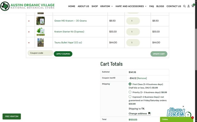 Austin Organic Village checkout page showing Austin Organic Village coupon code box | Screenshot taken by SimplyCodes community member on Jul 11, 2025