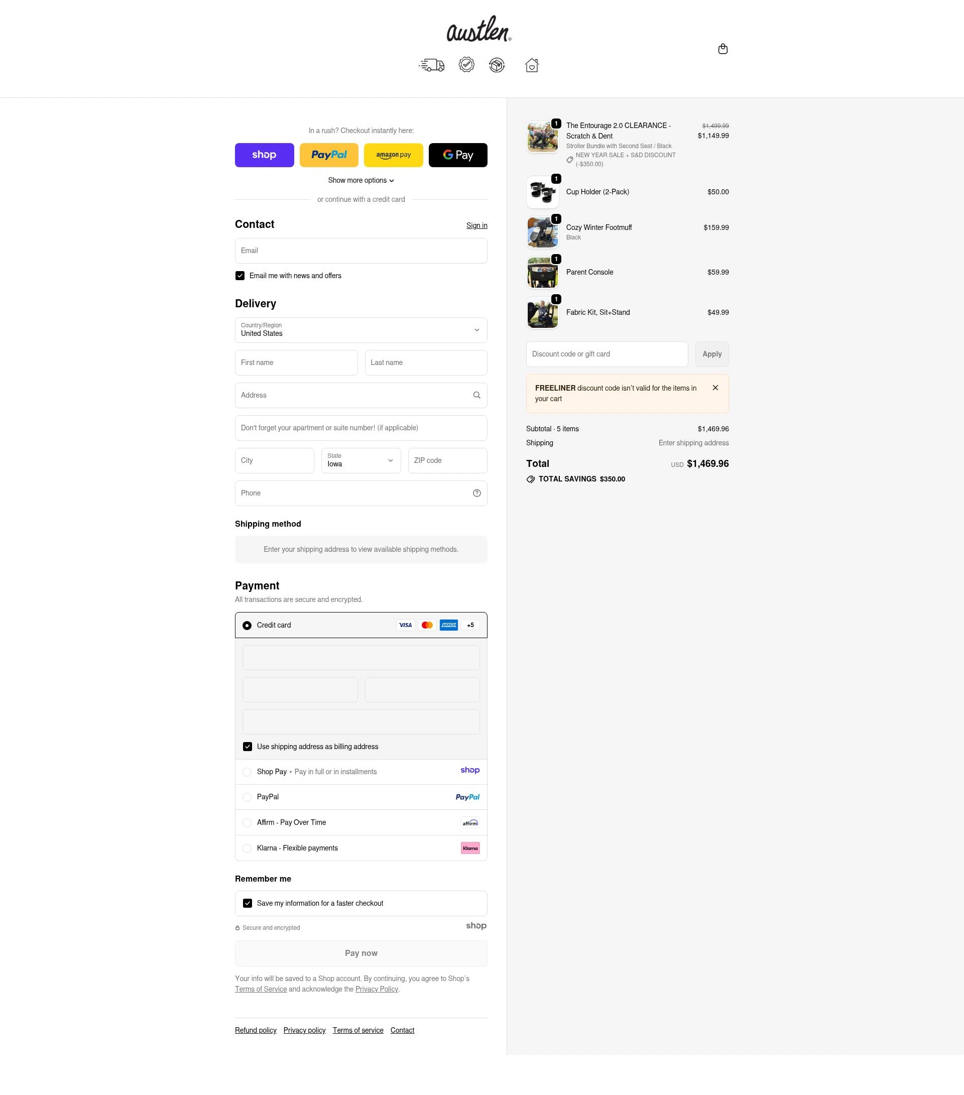 Austlen Baby Co checkout page showing Austlen Baby Co promo code box | Screenshot taken by SimplyCodes community member on Jan 2, 2026