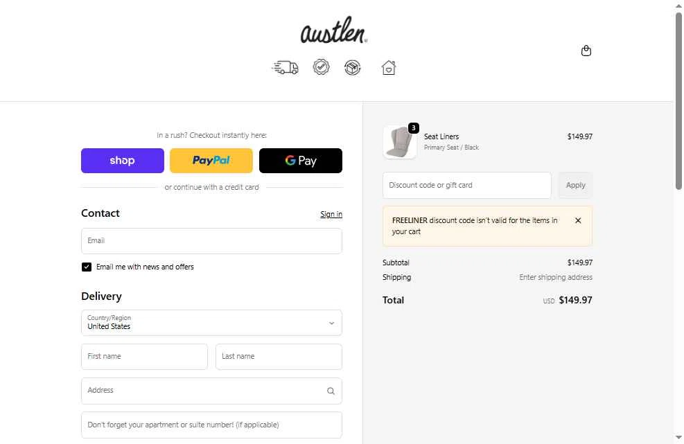 Austlen Baby Co checkout page showing Austlen Baby Co promo code box | Screenshot taken by SimplyCodes community member on Dec 23, 2025