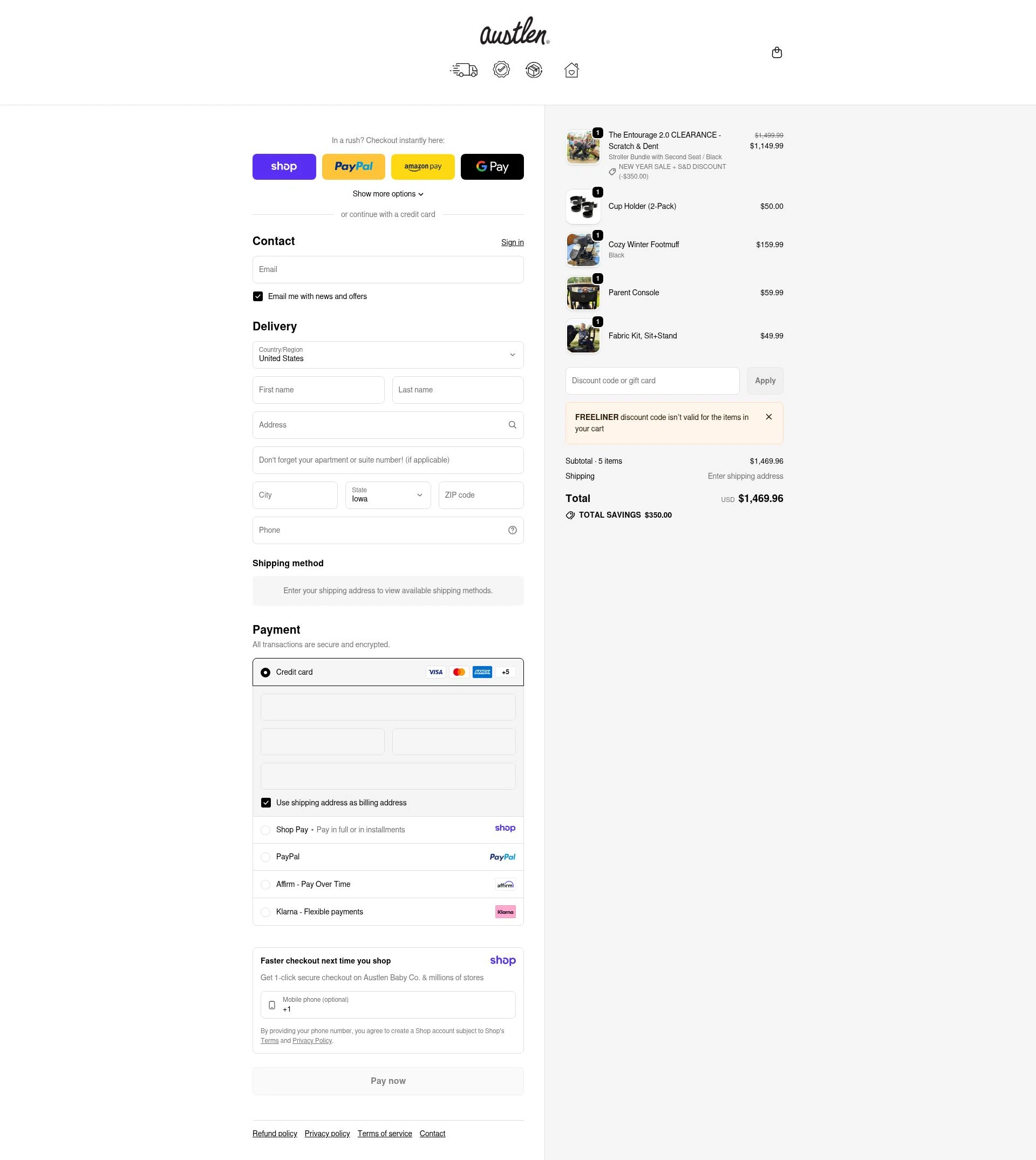 Austlen Baby Co checkout page showing Austlen Baby Co promo code box | Screenshot taken by SimplyCodes community member on Jan 12, 2026