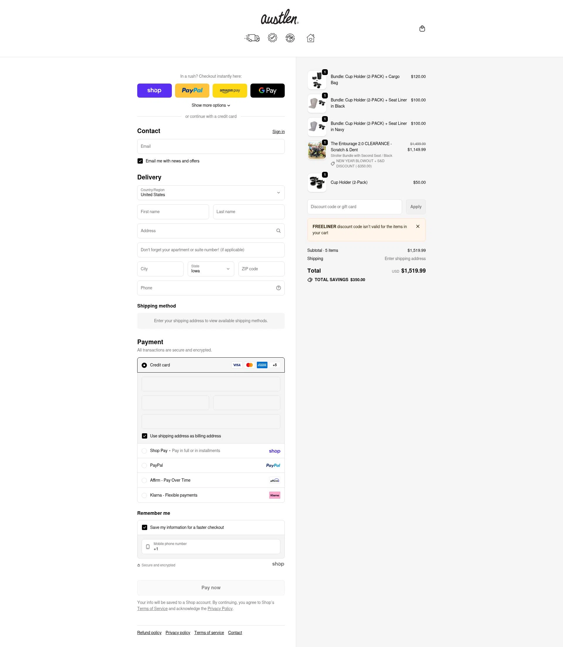 Austlen Baby Co checkout page showing Austlen Baby Co promo code box | Screenshot taken by SimplyCodes community member on Jan 22, 2026