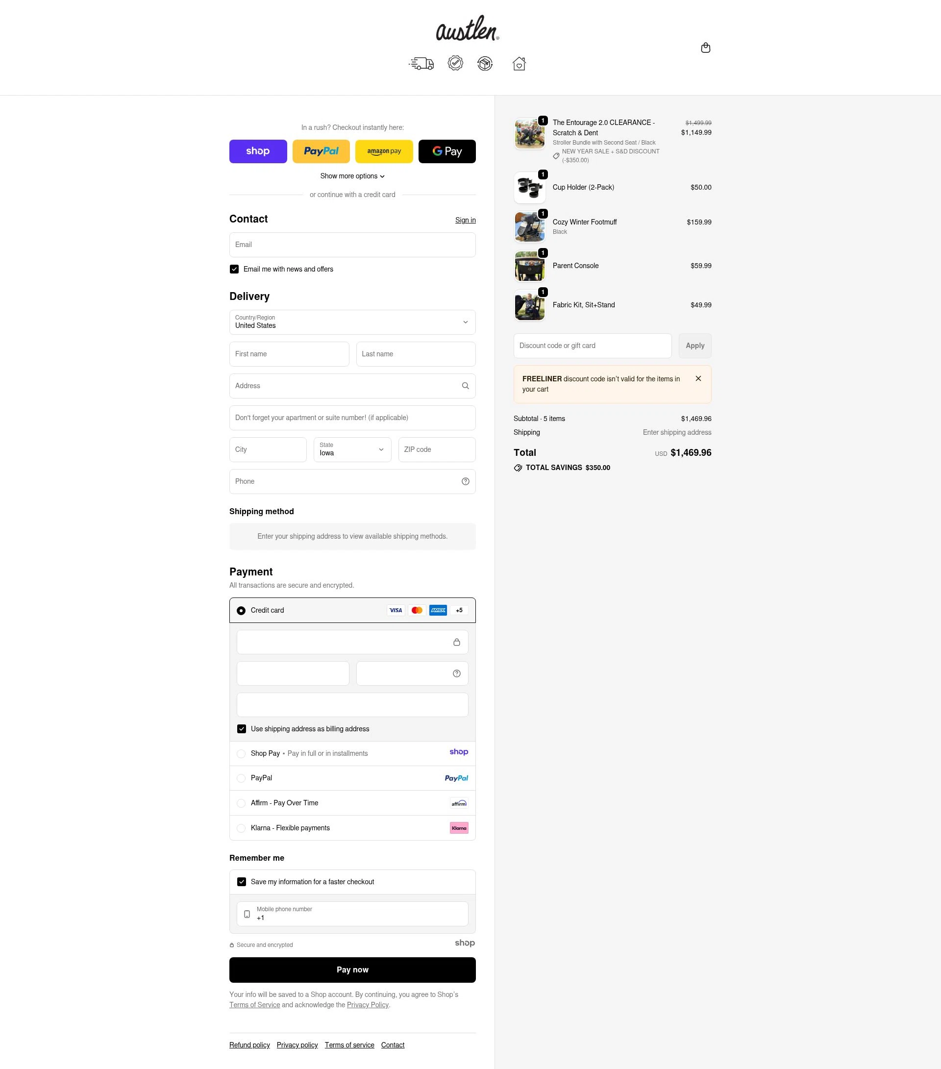 Austlen Baby Co checkout page showing Austlen Baby Co promo code box | Screenshot taken by SimplyCodes community member on Dec 28, 2025