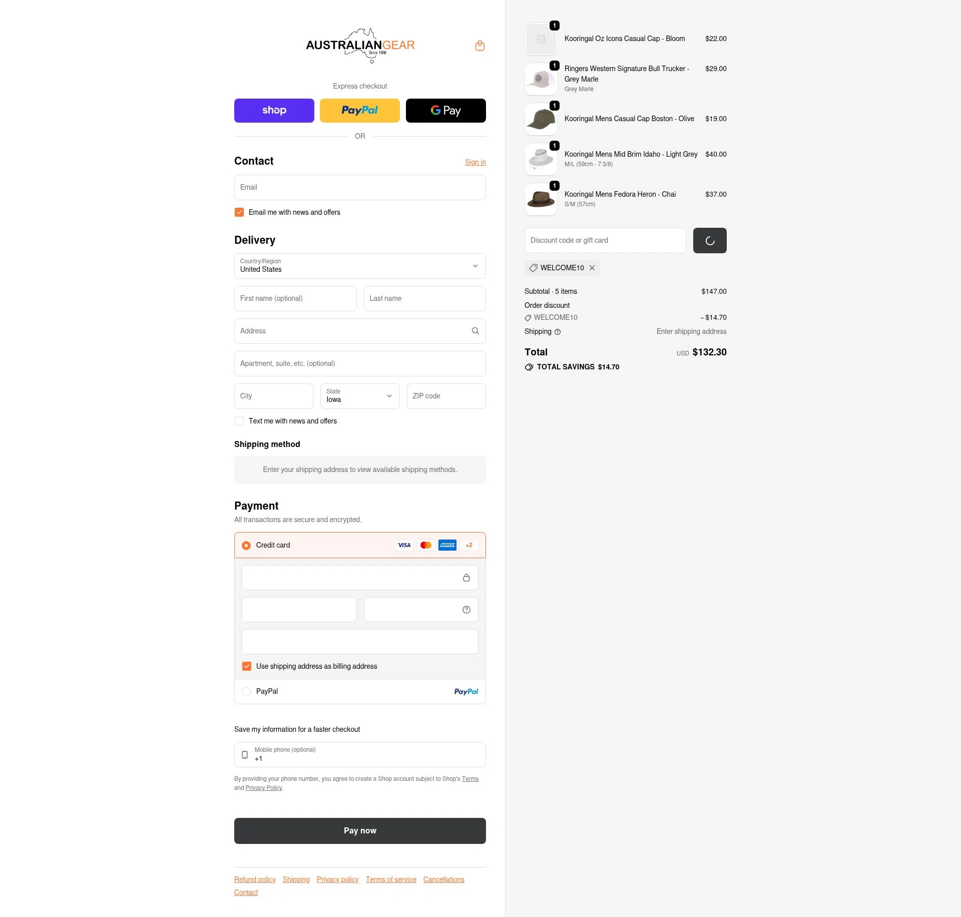 Australian Gear checkout page showing Australian Gear discount code box | Screenshot taken by SimplyCodes community member on Feb 21, 2026