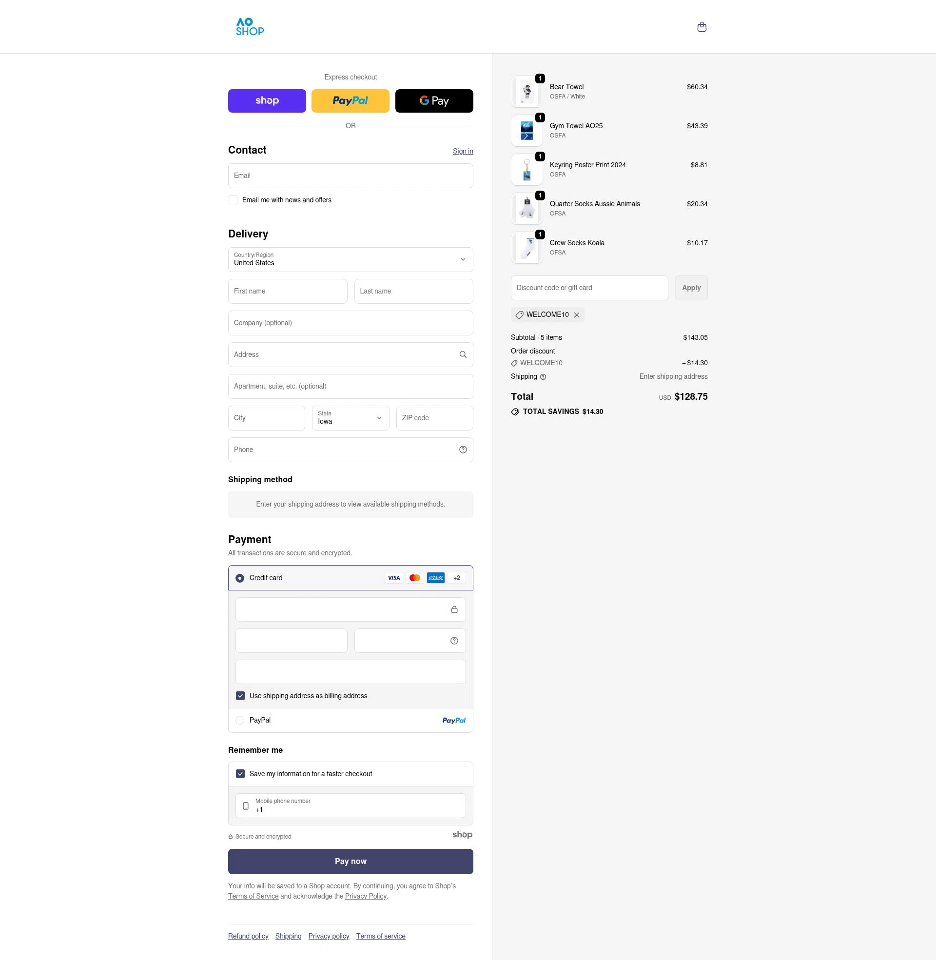 Australian Open Shop checkout page showing Australian Open Shop discount code box | Screenshot taken by SimplyCodes community member on Dec 15, 2025