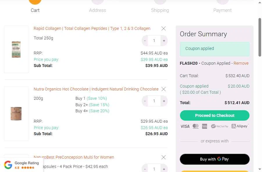 AustralianVitamins.com checkout page showing AustralianVitamins.com coupon code box | Screenshot taken by SimplyCodes community member on Feb 10, 2026